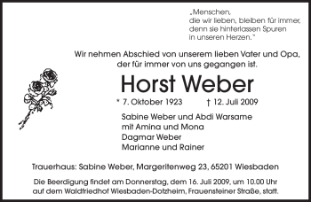 Todesanzeige von Horst Weber von SAARBRÜCKER ZEITUNG