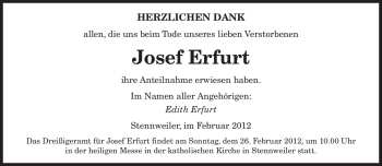 Todesanzeige von Josef Erfurt von SAARBRÜCKER ZEITUNG