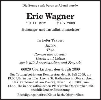 Todesanzeige von Eric Wagner von SAARBRÜCKER ZEITUNG