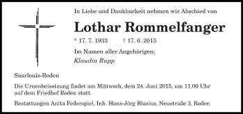 Todesanzeige von Lothar Rommelfanger von saarbruecker_zeitung