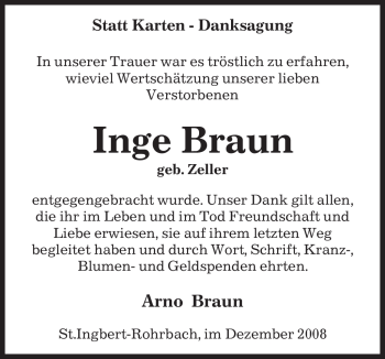 Todesanzeige von Inge Braun von SAARBRÜCKER ZEITUNG