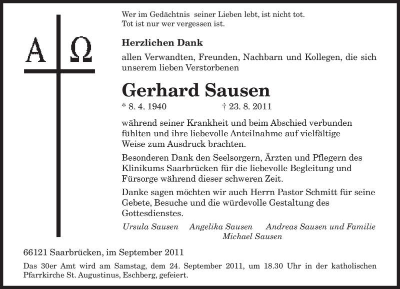 Traueranzeigen von Gerhard Sausen Trauer.de