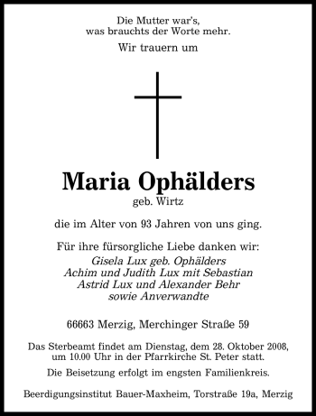 Todesanzeige von Maria Ophälders von SAARBRÜCKER ZEITUNG