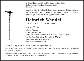 Todesanzeige von Heinrich Wendel von SAARBRÜCKER ZEITUNG