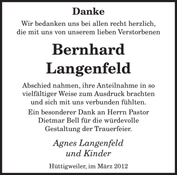 Todesanzeige von Bernhard Langenfeld von SAARBRÜCKER ZEITUNG