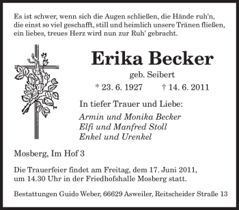 Todesanzeige von Erika Becker von SAARBRÜCKER ZEITUNG