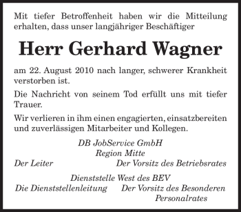 Todesanzeige von Gerhard Wagner von SAARBRÜCKER ZEITUNG