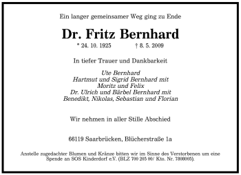 Todesanzeige von Fritz Bernhard von SAARBRÜCKER ZEITUNG