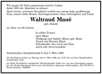 Todesanzeige von Waltraud Maué von SAARBRÜCKER ZEITUNG