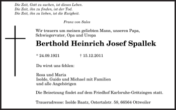 Todesanzeige von Berthold Heinrich Josef Spallek von SAARBRÜCKER ZEITUNG