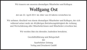 Todesanzeige von Wolfgang Ost von SAARBRÜCKER ZEITUNG