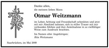 Todesanzeige von Otmar Weitzmann von SAARBRÜCKER ZEITUNG