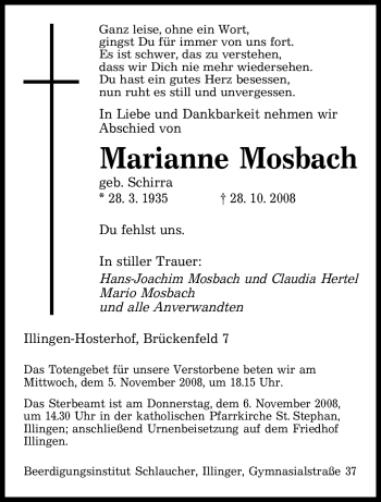 Todesanzeige von Marianne Mosbach von SAARBRÜCKER ZEITUNG