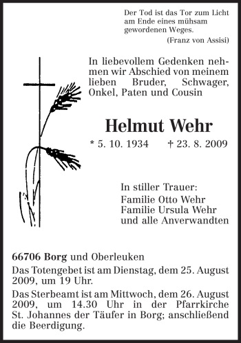 Todesanzeige von Helmut Wehr 