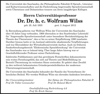 Todesanzeige von Wolfram Wilss von SAARBRÜCKER ZEITUNG