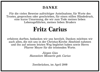 Todesanzeige von Fritz Carius von SAARBRÜCKER ZEITUNG