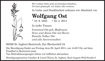 Todesanzeige von Wolfgang Ost von SAARBRÜCKER ZEITUNG
