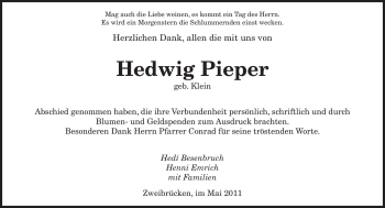 Todesanzeige von Hedwig Pieper von SAARBRÜCKER ZEITUNG