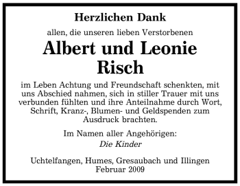 Todesanzeige von Albert und Leonie Risch von SAARBRÜCKER ZEITUNG