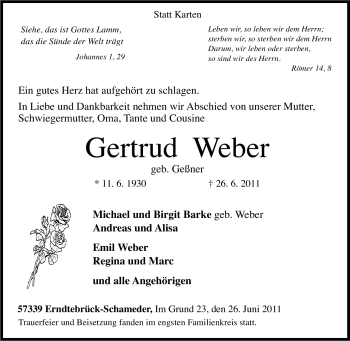 Todesanzeige von Gertrud Weber 