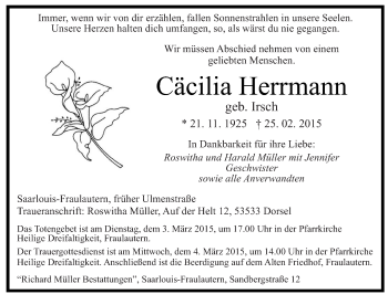 Todesanzeige von Cäcilia Herrmann von saarbruecker_zeitung