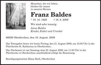 Todesanzeige von Franz Baldes von SAARBRÜCKER ZEITUNG
