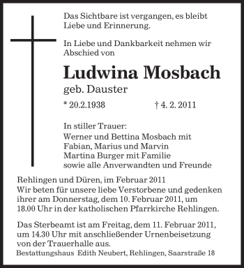 Todesanzeige von Ludwina Mosbach von SAARBRÜCKER ZEITUNG