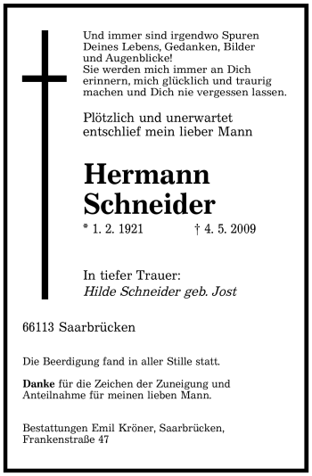 Todesanzeige von Hermann Schneider von SAARBRÜCKER ZEITUNG