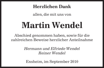 Todesanzeige von Martin Wendel von SAARBRÜCKER ZEITUNG