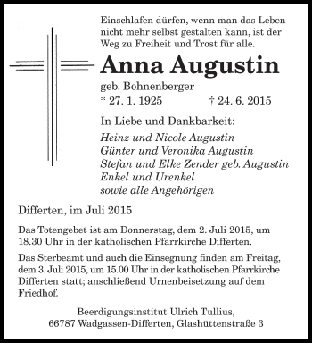 Todesanzeige von Anna Augustin von saarbruecker_zeitung