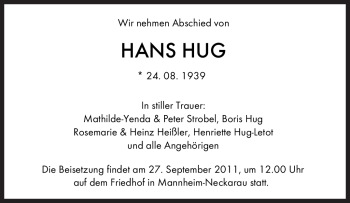 Todesanzeige von Hans Hug von SAARBRÜCKER ZEITUNG