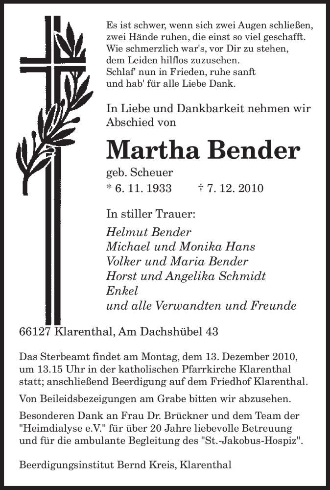  Traueranzeige für Martha Bender vom 10.12.2010 aus SAARBRÜCKER ZEITUNG