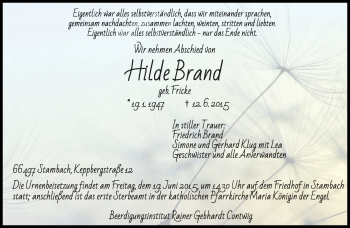 Todesanzeige von Hilde Brand von saarbruecker_zeitung
