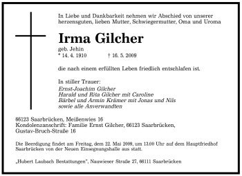 Todesanzeige von Irma Gilcher von SAARBRÜCKER ZEITUNG
