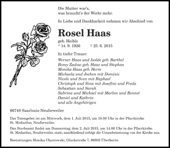 Todesanzeige von Rosel Haas von saarbruecker_zeitung