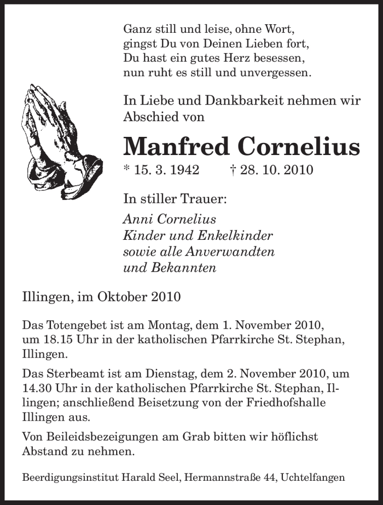  Traueranzeige für Manfred Cornelius vom 30.10.2010 aus SAARBRÜCKER ZEITUNG