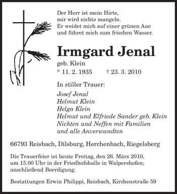 Todesanzeige von Irmgard Jenal von SAARBRÜCKER ZEITUNG