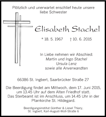 Todesanzeige von Elisabeth Stachel von saarbruecker_zeitung