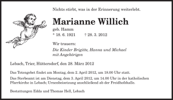 Todesanzeige von Marianne Willich von SAARBRÜCKER ZEITUNG