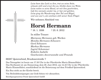 Todesanzeige von Horst Hermann von SAARBRÜCKER ZEITUNG