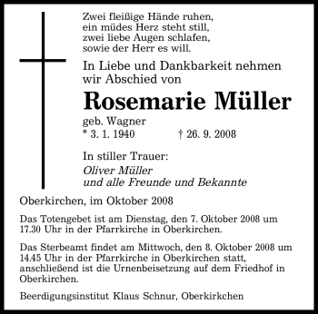 Todesanzeige von Rosemarie Müller von SAARBRÜCKER ZEITUNG