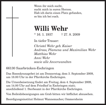 Todesanzeige von Willi Wehr von SAARBRÜCKER ZEITUNG