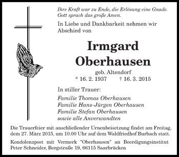 Todesanzeige von Irmgard Oberhausen von saarbruecker_zeitung