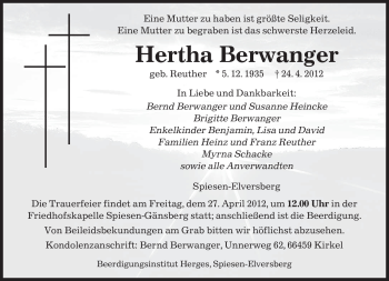 Todesanzeige von Hertha Berwanger von SAARBRÜCKER ZEITUNG