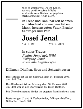 Todesanzeige von Josef Jenal von SAARBRÜCKER ZEITUNG