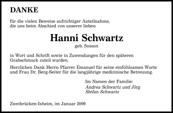Todesanzeige von Hanni Schwartz von SAARBRÜCKER ZEITUNG
