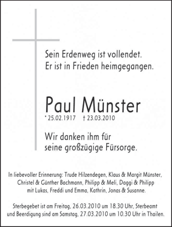 Todesanzeige von Paul Münster von SAARBRÜCKER ZEITUNG