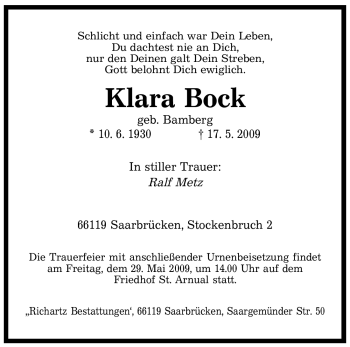 Todesanzeige von Klara Bock von SAARBRÜCKER ZEITUNG