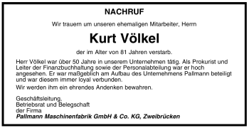 Todesanzeige von Kurt Völkel von SAARBRÜCKER ZEITUNG