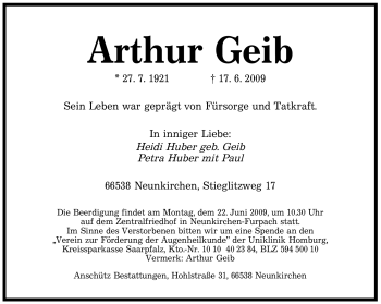 Todesanzeige von Arthur Geib von SAARBRÜCKER ZEITUNG